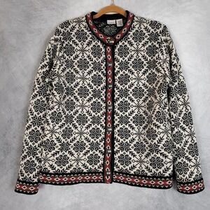 LL Bean Cardigan Sweater Womens M/L White Nordic Fair Isle Wool Button Up